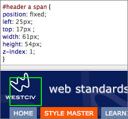 Screenshot showing Style Master with code for #header and the Design Pane with the span highlighted